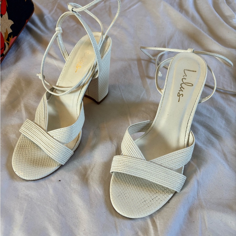 Lulu's Ivory Textured Block Heel Sandals with Ankle Wrap